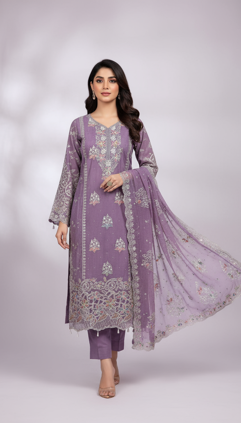 Luxury Lavender Embroidered Chiffon 3-Piece Pakistani/Indian Suit with Sequins- Unstiched